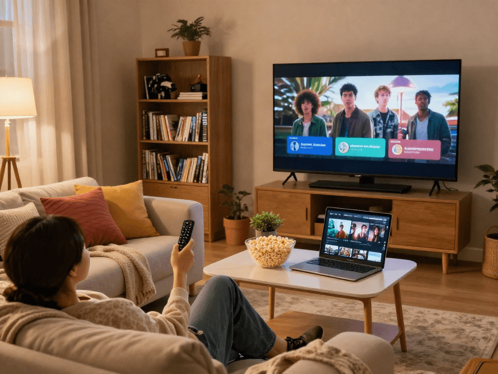 Relaxing at home watching cocoflix on a large screen in a cozy living room setup with snacks and warm lighting.