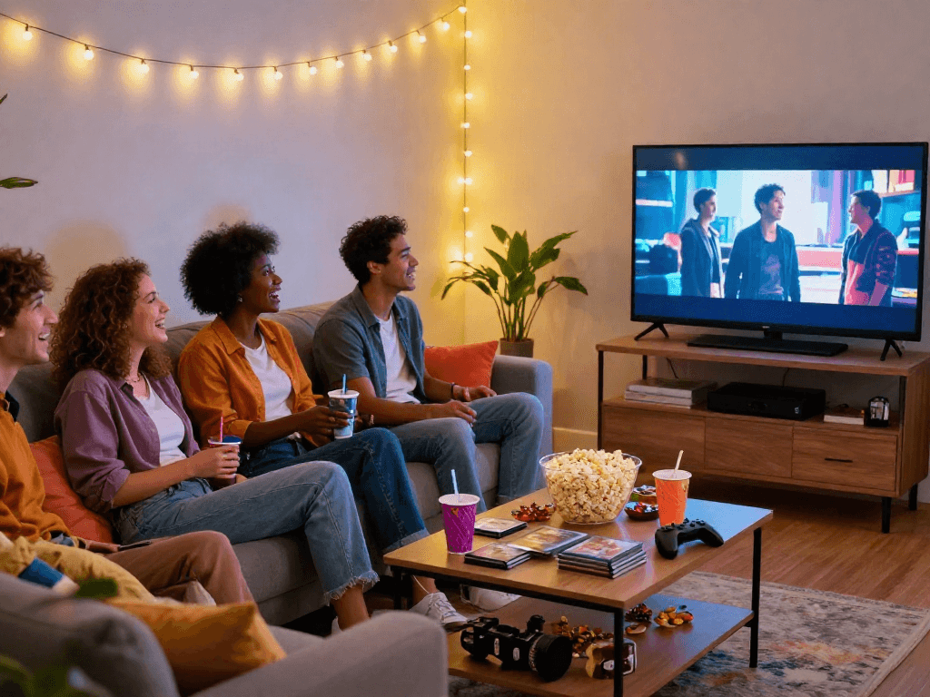 Friends enjoying a Moviebox movie night with popcorn and laughter in a cozy living room.